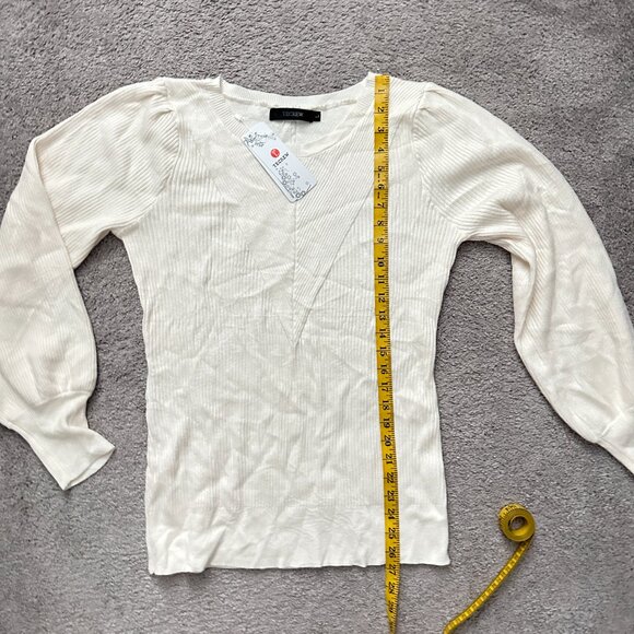 TECREW |  Women's Puff Sleeve Crew Neck Pullover Sweater | Cream | Size:… - Picture 5 of 7